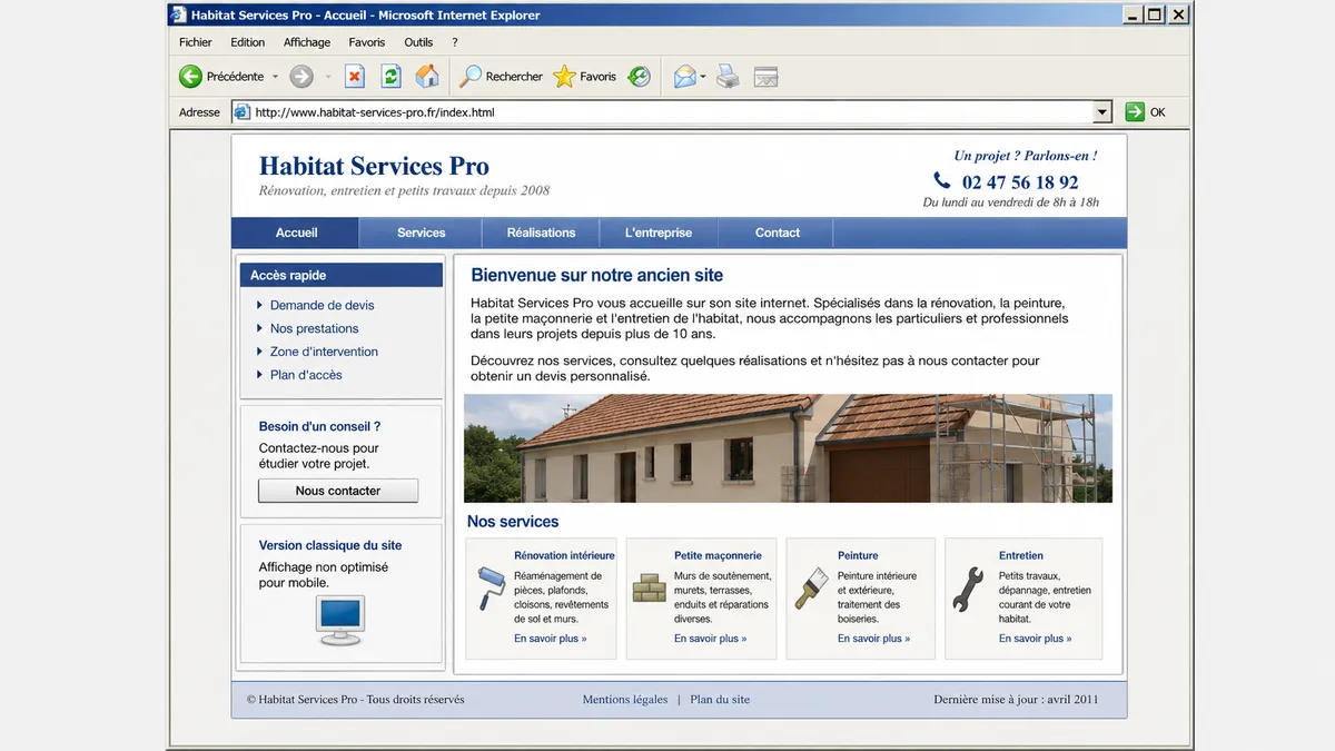 Ancien site internet affiché dans Internet Explorer