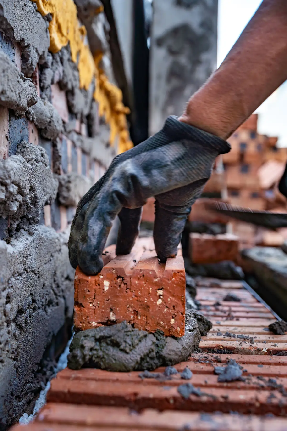 Pose d'une brique au mortier sur un mur en construction